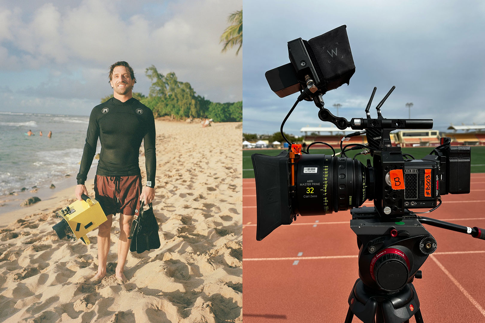 Phillip Mansfield with diving gear on a beach, camera on tripod