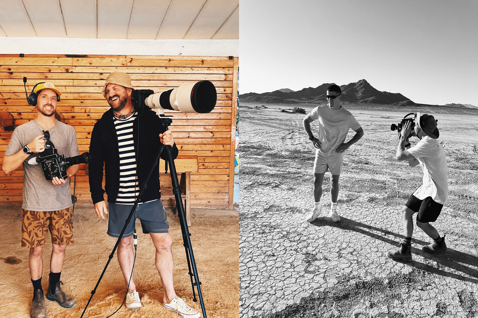 Phillip Mansfield and Mark Tesi holding cameras, black and white photo ofPhillip Mansfield filming a model in the desert