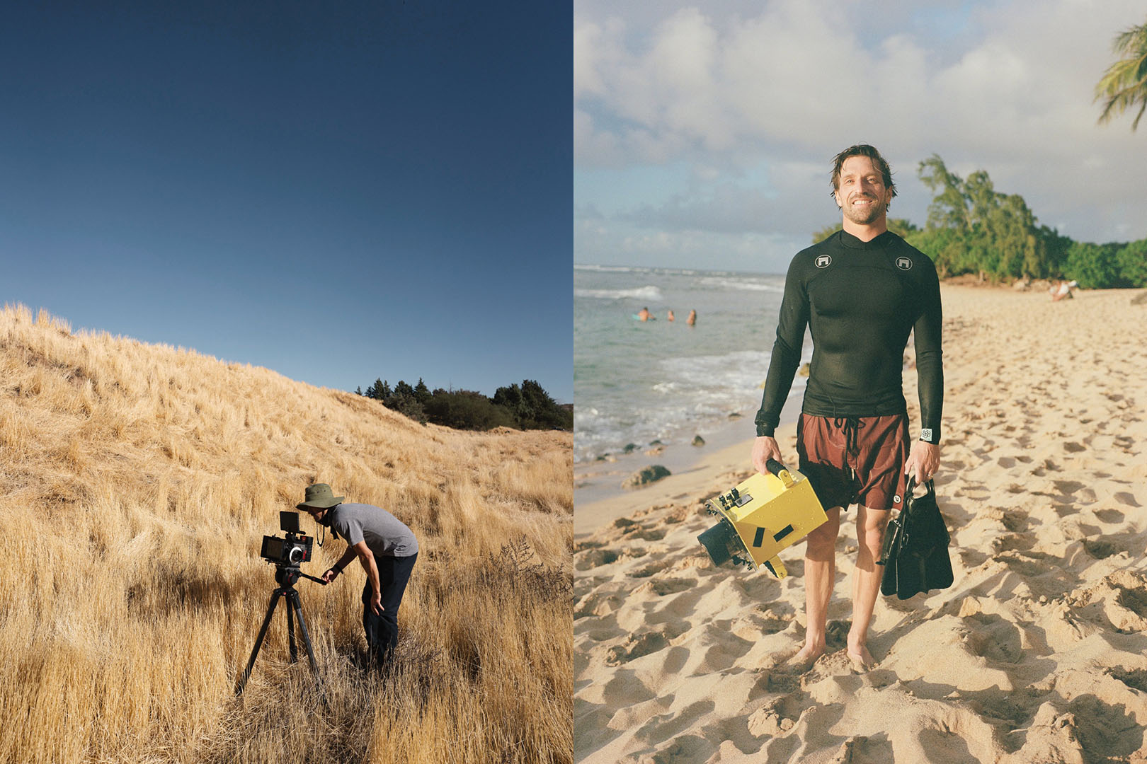 Phillip Mansfield outdoors with camera on tripod, Phillip Mansfield with diving gear on a beach