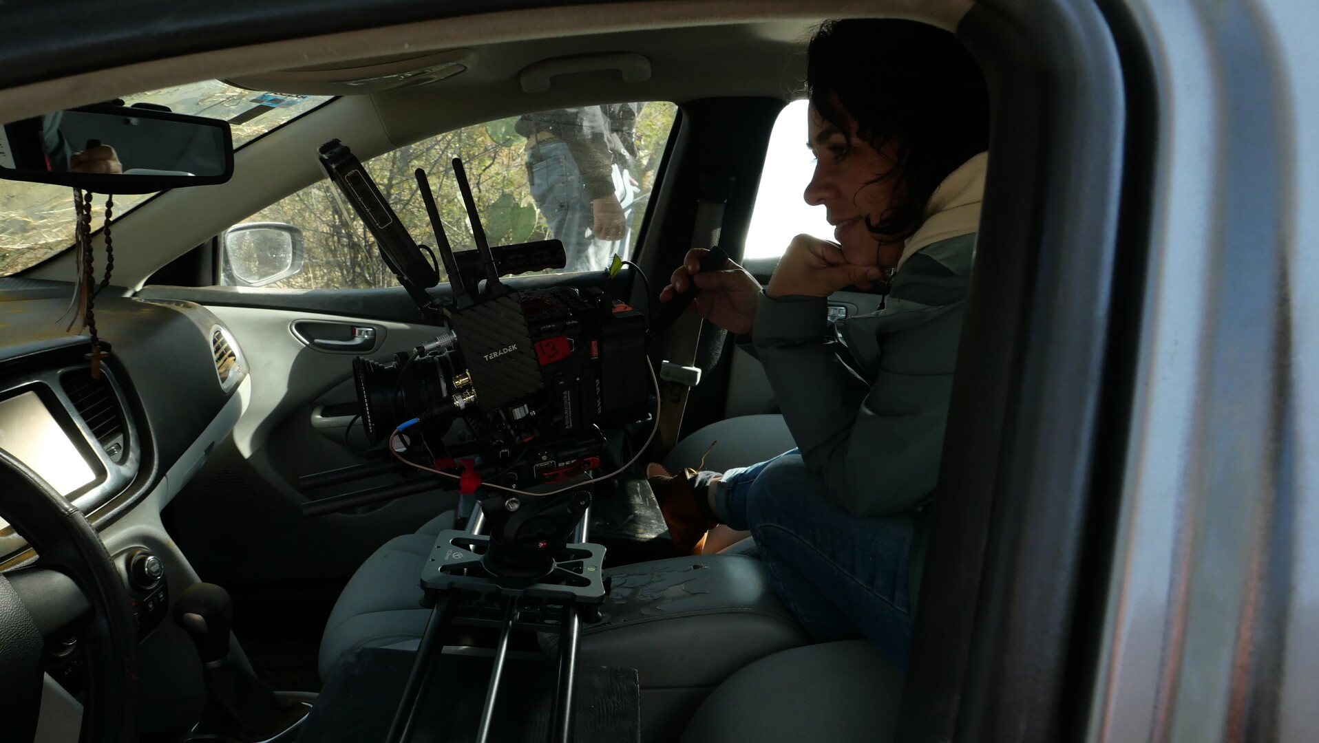 Astrid Rondero filming inside a car