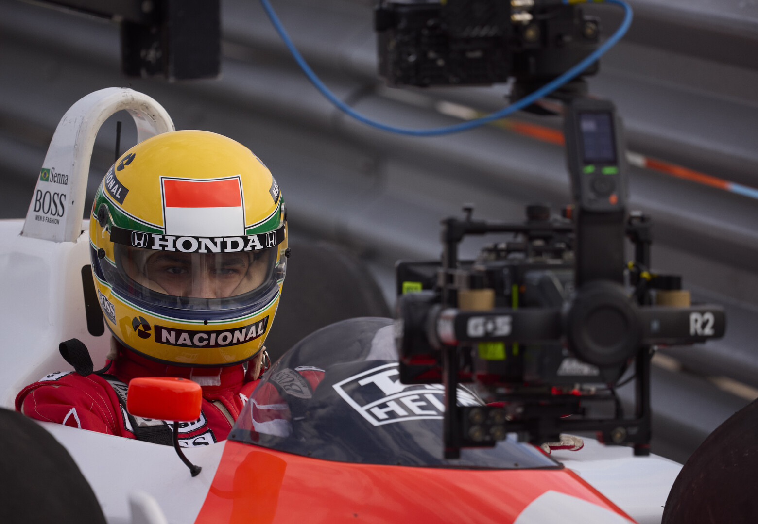 A camera pointed at a driver in a formula 1 car