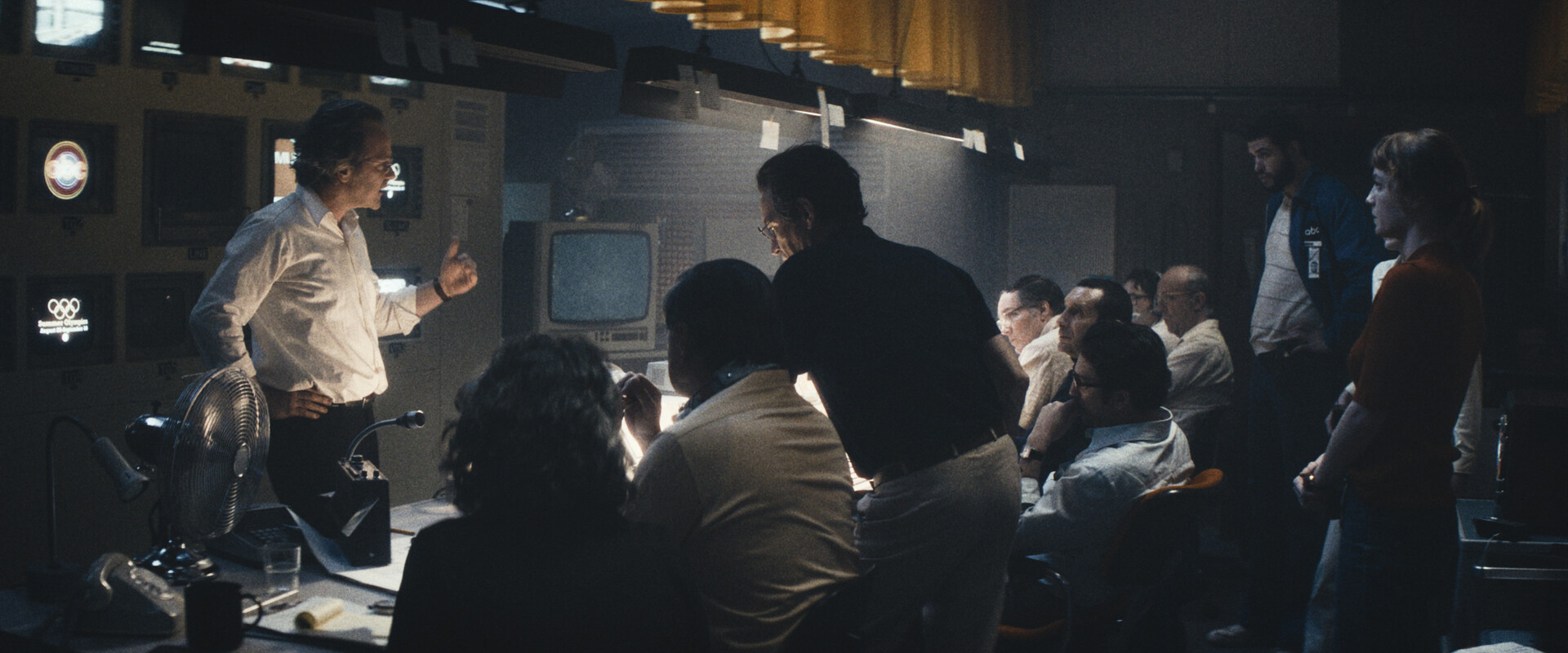 Peter Sarsgaard on set in the control room addressing the cast